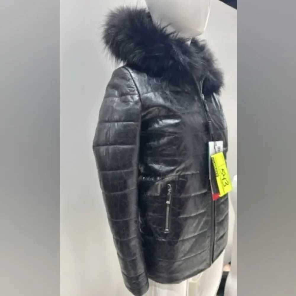 Ottimo Leather Black Puffer Jacket with Faux Fur Hood